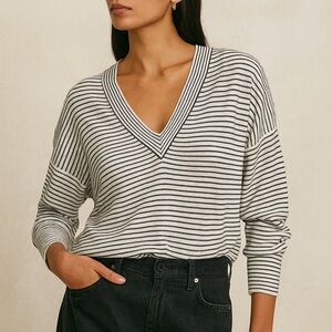 ATM silk wool cashmere blend black and white striped v neck sweater